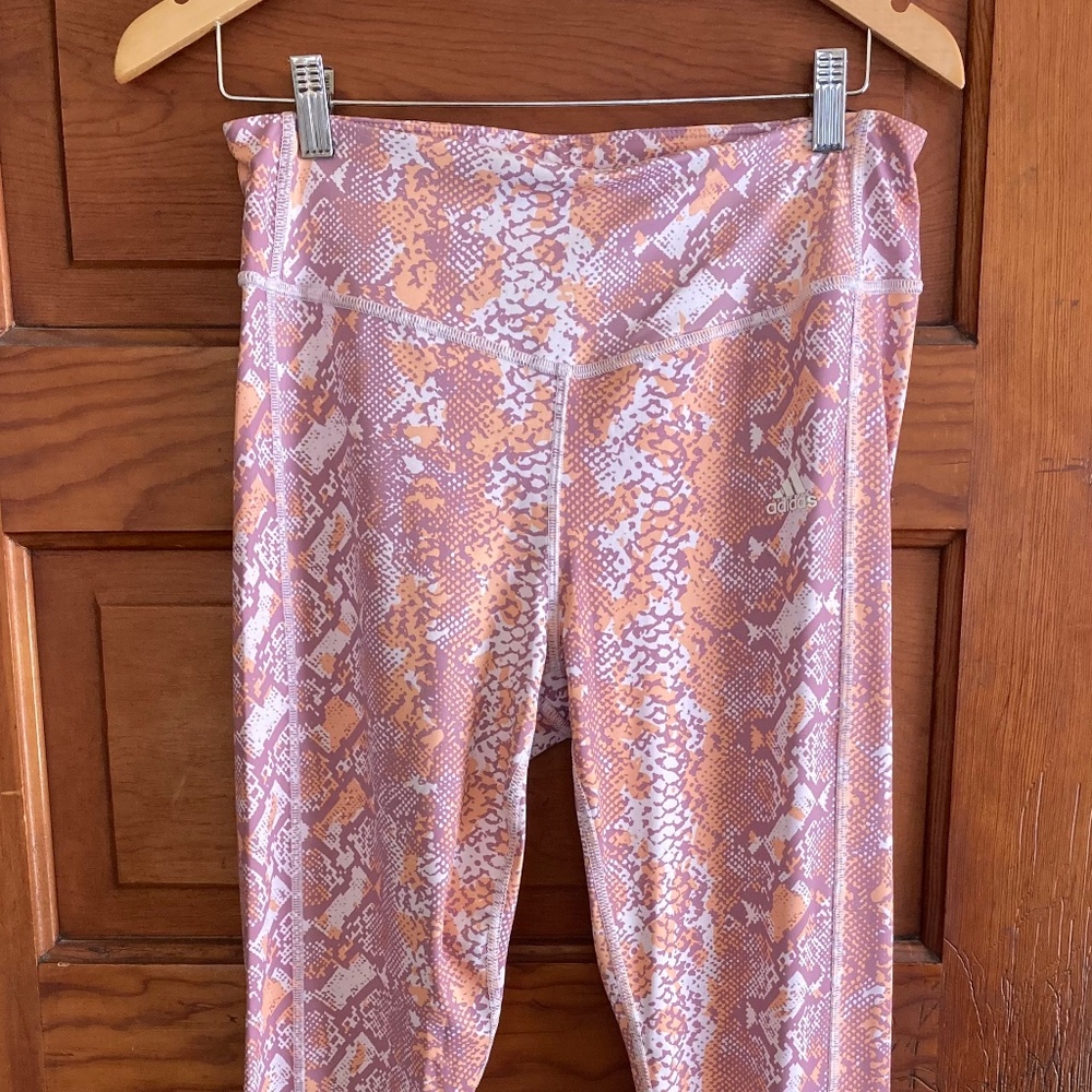 NWT Adidas Pink Leggings Capris L Snake Print Barbie Athleisuree